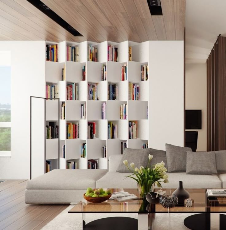 Фото № 1: Стеллажи в гостиной: практичные и красивые идеи от ReRooms