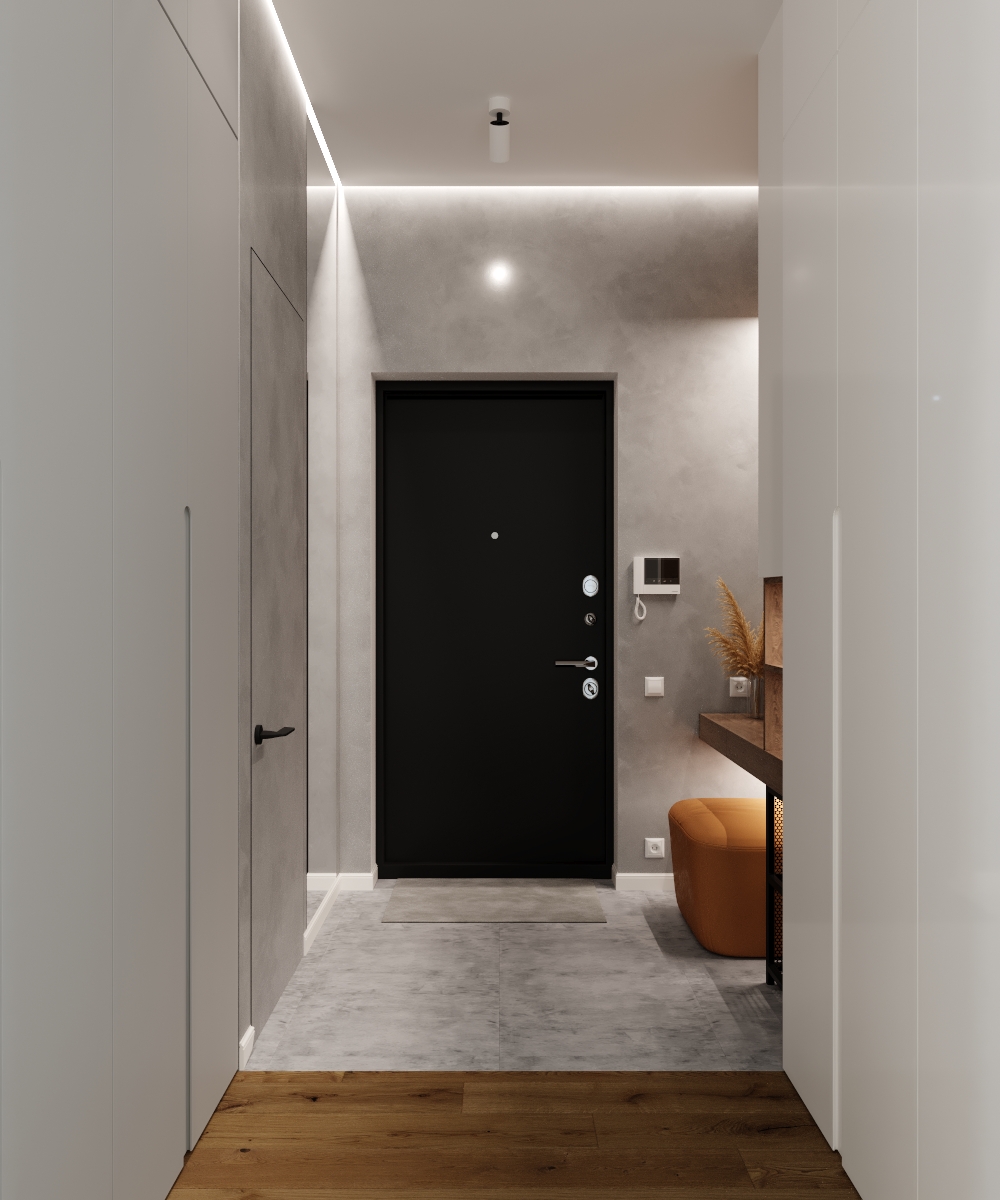 Фото № 1: Современная двушка с красным диваном и оранжевой ванной