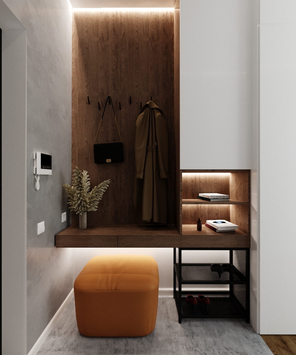 Фото № 2: Современная двушка с красным диваном и оранжевой ванной