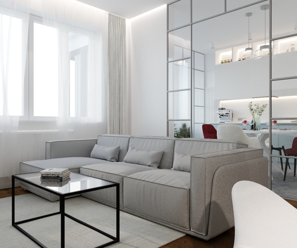 Фото № 5: Современная двушка с красным диваном и оранжевой ванной