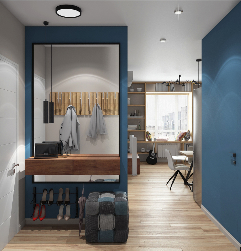 Фото № 1: Дизайн двушки с уютной спальней в стиле современная скандинавия