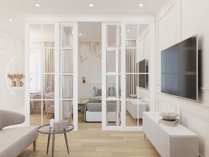 Фото № 1: Дизайн-проект однокомнатной квартиры 32.32  м² Современная классика для ЖК Солнечная система