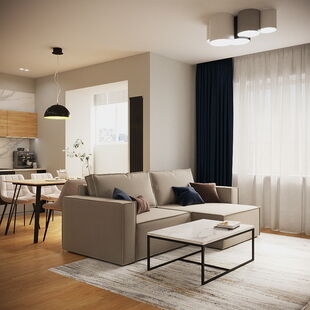 Фото № 1: Дизайн-проект двухкомнатной квартиры 57.97  м² стиль Модернизм для ЖК Новое Пушкино