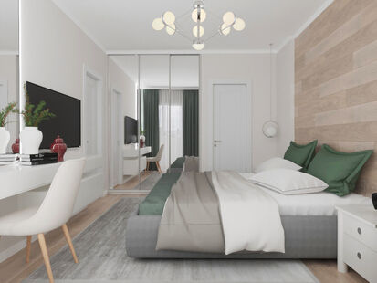 Фото № 1: Дизайн-проект кухни-гостиной 33.43  м² стиль Модернизм для ЖК Прокшино