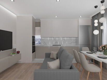 Фото № 5: Дизайн-проект кухни-гостиной 33.43  м² стиль Модернизм для ЖК Прокшино