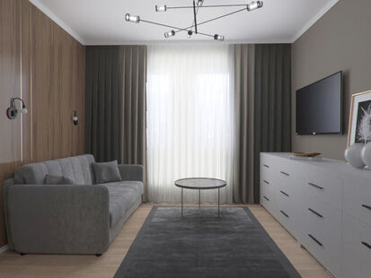 Фото № 4: Дизайн-проект кухни-гостиной 33.43  м² стиль Модернизм для ЖК Прокшино