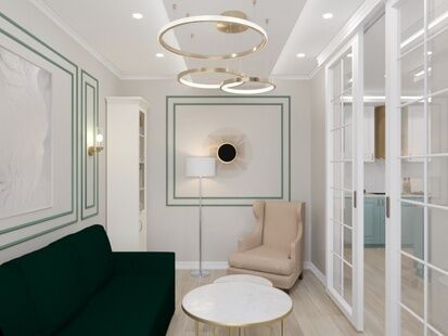 Фото № 1: Дизайн-проект трехкомнатной квартиры 86.9  м² стиль Модернизм для ЖК Мещерский Лес