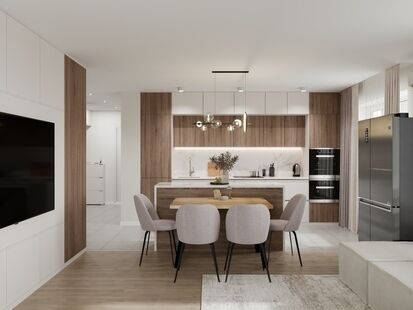 Фото № 1: Дизайн-проект трехкомнатной квартиры 75.34  м² стиль Модернизм для ЖК Бусиновский парк