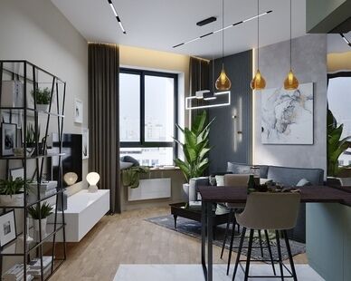 Фото № 1: Дизайн-проект двухкомнатной квартиры 46.97  м² Современный стиль для ЖК Крылья