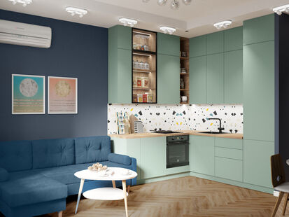 Фото № 1: Дизайн-проект однокомнатной квартиры 41.8  м² Современный стиль для ЖК Октябрьское поле