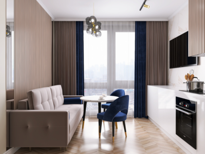 Фото № 2: Дизайн-проект однокомнатной квартиры 34.24  м² стиль Модернизм для ЖК Метрополия