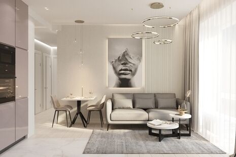 Фото № 1: Дизайн-проект трехкомнатной квартиры 52.74  м² стиль Модернизм для ЖК Метрополия