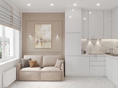 Фото № 1: Дизайн-проект однокомнатной квартиры 32.5  м² Стиль Минимализм для ЖК Новая Рига