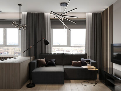 Фото № 1: Дизайн-проект однокомнатной квартиры 32.64  м² Современный стиль для ЖК Новая Рига