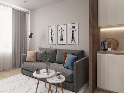 Фото № 3: Дизайн-проект двухкомнатной квартиры 43.1  м² Стиль Контемпорари для ЖК Новоорловский