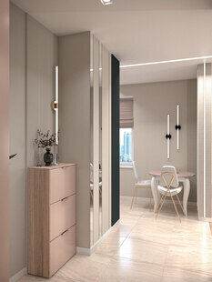 Фото № 1: Дизайн-проект однокомнатной квартиры 31.2  м² стиль Модернизм для ЖК Московский