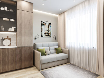 Фото № 4: Дизайн-проект однокомнатной квартиры 41.3  м² стиль Модернизм для ЖК Сиреневый Парк