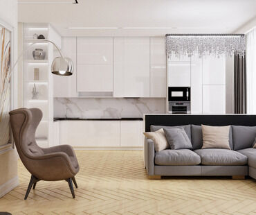 Фото № 1: Дизайн-проект однокомнатной квартиры 46.9  м² стиль Модернизм для ЖК Сердце Столицы