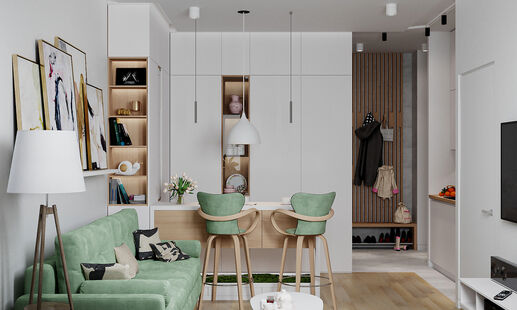 Фото № 3: Дизайн-проект двухкомнатной квартиры 41.69  м² Стиль Контемпорари для ЖК Спасский Мост