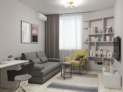 Фото № 1: Дизайн-проект однокомнатной квартиры 46.7  м² Стиль Контемпорари для ЖК Центр+