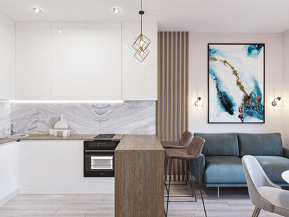 Фото № 1: Дизайн-проект двухкомнатной квартиры 54.3  м² стиль Модернизм для ЖК Левел Амурская