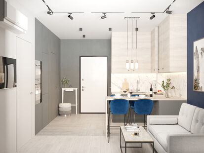 Фото № 1: Дизайн-проект однокомнатной квартиры 38.8  м² стиль Модернизм для ЖК Лучи