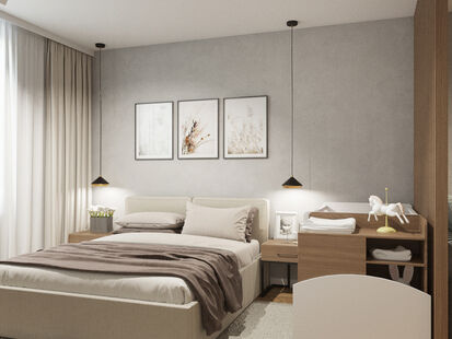 Фото № 2: Дизайн-проект однокомнатной квартиры 42.5  м² стиль Модернизм для ЖК Галактика