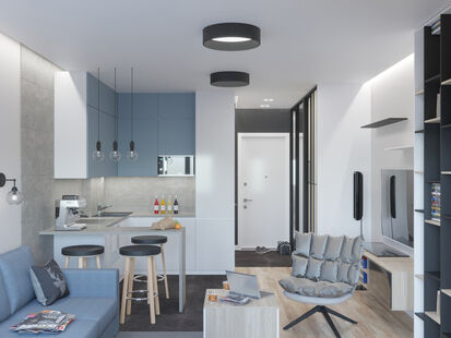 Фото № 1: Дизайн-проект квартиры-студии 31.12  м² Современный стиль для ЖК в г. Люберцы