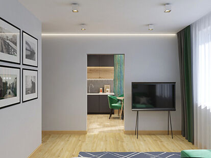 Фото № 6: Дизайн-проект трехкомнатной квартиры 56.07  м² Современный стиль для ЖК Лучи