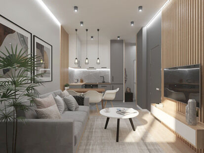 Фото № 1: Дизайн-проект двухкомнатной квартиры 36.28  м² стиль Модернизм для ЖК Скандинавия