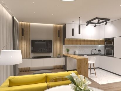 Фото № 1: Дизайн-проект двухкомнатной квартиры 44.3  м² Стиль Модернизм для ЖК Sreda