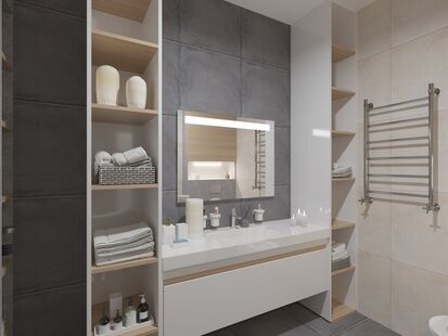 Фото № 1: Дизайн-проект совмещенного санузла 6.6  м² Стиль Модернизм для ЖК Дом на Карамышевской набережной