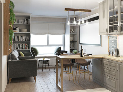 Фото № 1: Дизайн-проект трехкомнатной квартиры 64.37  м² Стиль Современный для ЖК Мещерский Лес