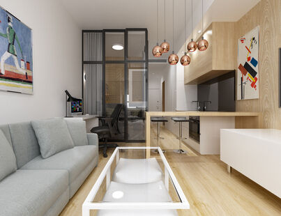 Фото № 1: Дизайн-проект квартиры-студии 29.09  м² Стиль Минимализм для ЖК Хэдлайнер