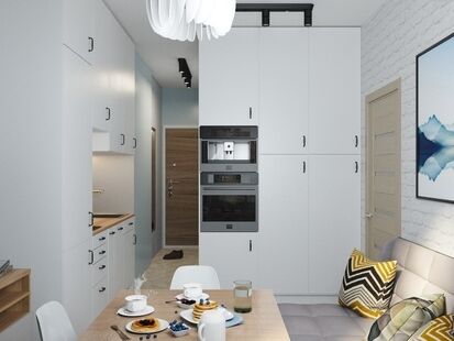 Фото № 2: Дизайн-проект кухни-гостиной 11.68  м² Скандинавский стиль для ЖК Квартал Тетрис