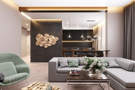 Фото № 1: Дизайн-проект кухни-гостиной 31.6  м² Стиль Модернизм для ЖК Лыткарино Хит