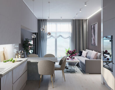 Фото № 2: Дизайн-проект кухни-гостиной 22.3  м² Стиль Контемпорари для ЖК ЗИЛ АРТ