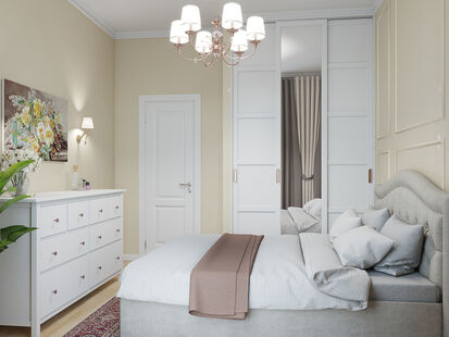 Фото № 2: Дизайн-проект спальни 10.43  м² Стиль Современная классика для ЖК Испанские кварталы