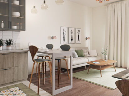 Фото № 1: Дизайн-проект кухни-гостиной 30.0  м² Скандинавский стиль для ЖК Вавилова 4