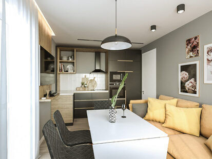 Фото № 1: Дизайн-проект однокомнатной квартиры 64.6  м² Современный стиль для ЖК  Жуков GRAND