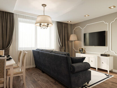 Фото № 1: Дизайн-проект евро трехкомнатной квартиры 61.17  м² стиль Современная классика для ЖК  Жуков GRAND