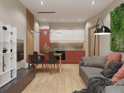 Фото № 1: Дизайн-проект однокомнатной квартиры 38.97  м² стиль Модернизм для ЖК  Жуков GRAND