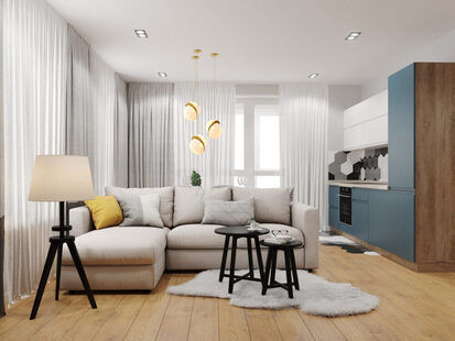 Фото № 1: Дизайн-проект однокомнатной квартиры 47.2  м² Современный стиль для ЖК Ютта