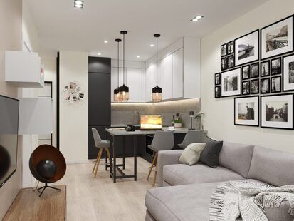 Фото № 1: Дизайн-проект однокомнатной квартиры 34.14  м² стиль Современный для ЖК Мозаика