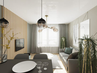 Фото № 2: Дизайн-проект евро двухкомнатной квартиры 43.35  м² стиль Современная классика для ЖК Солнечный район