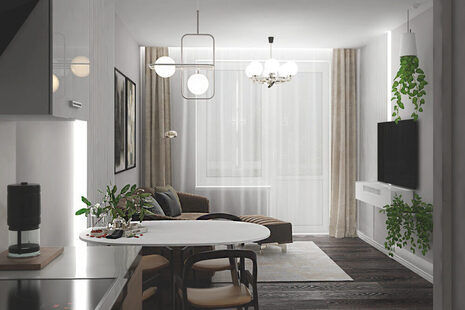 Фото № 1: Дизайн-проект евро трехкомнатной квартиры 65.54  м² стиль Современный для ЖК Солнечный район