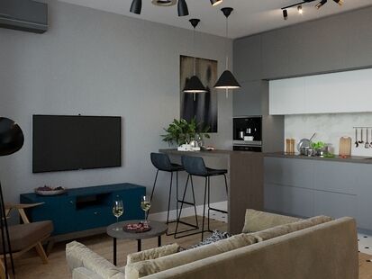 Фото № 1: Дизайн-проект двухкомнатной квартиры 43.2  м² Стиль Модернизм для ЖК Оранж Парк