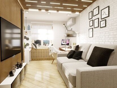 Фото № 2: Дизайн-проект трехкомнатной квартиры 59.42  м² Стиль Модернизм для ЖК Московский