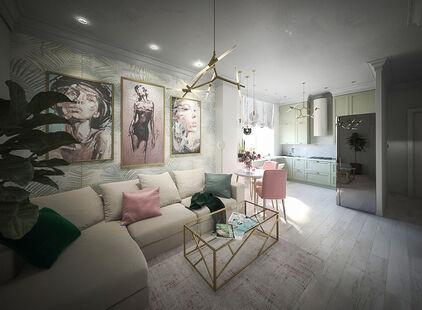 Фото № 6: Дизайн-проект трехкомнатной квартиры 61.7  м² Стиль арт-деко для ЖК Московский