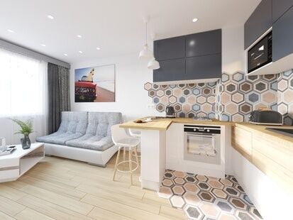 Фото № 1: Дизайн-проект однокомнатной квартиры 34.2  м² Стиль Модернизм для ЖК Московский